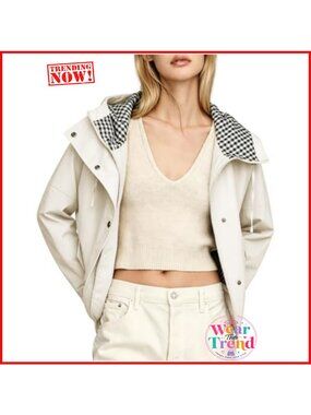Cotton Polyester Cropped Trench Coat Hooded Windbreaker Plaid Lining